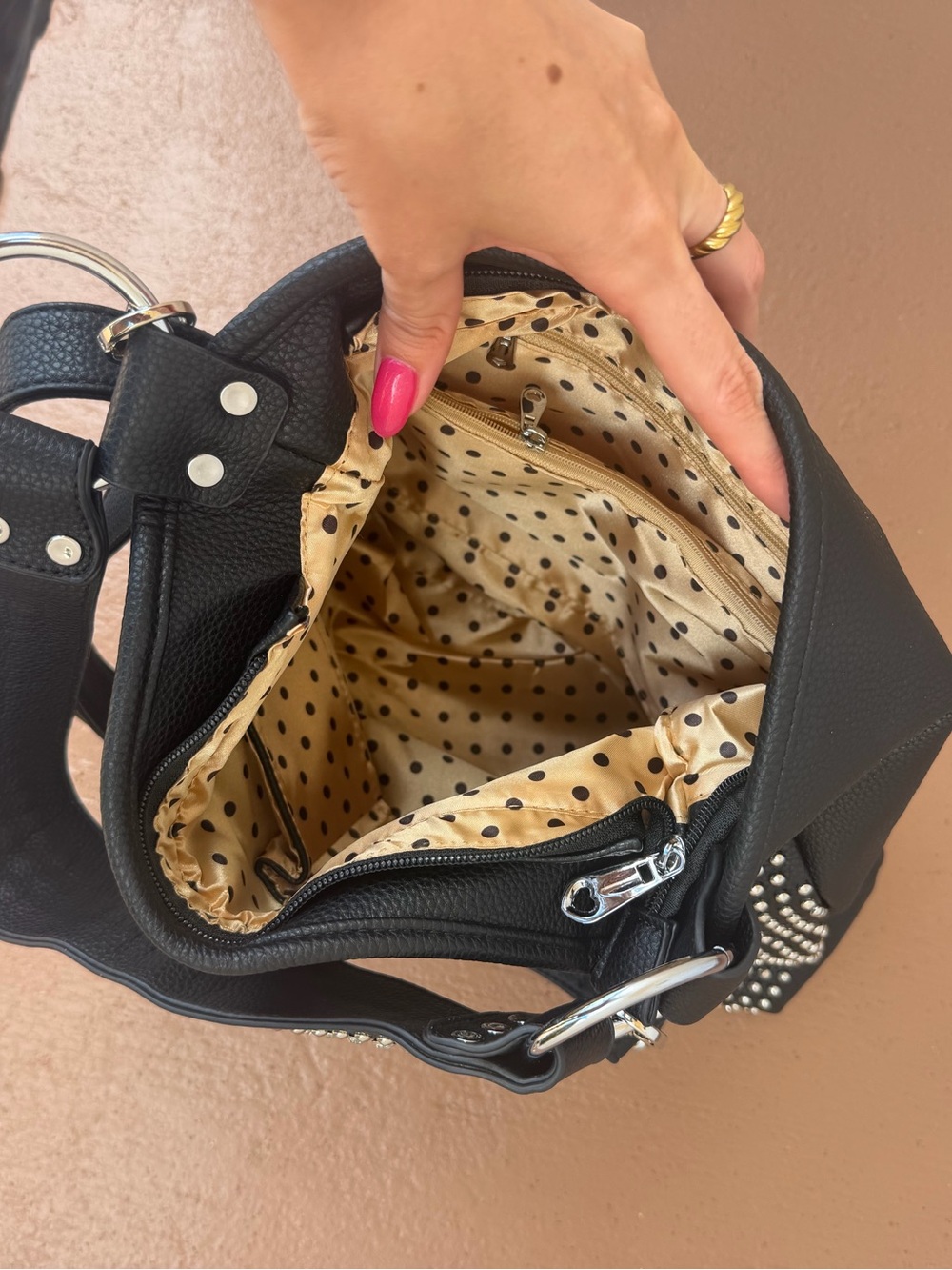 Studded Leopard Print Black Leather Bag - Picture 5 of 5